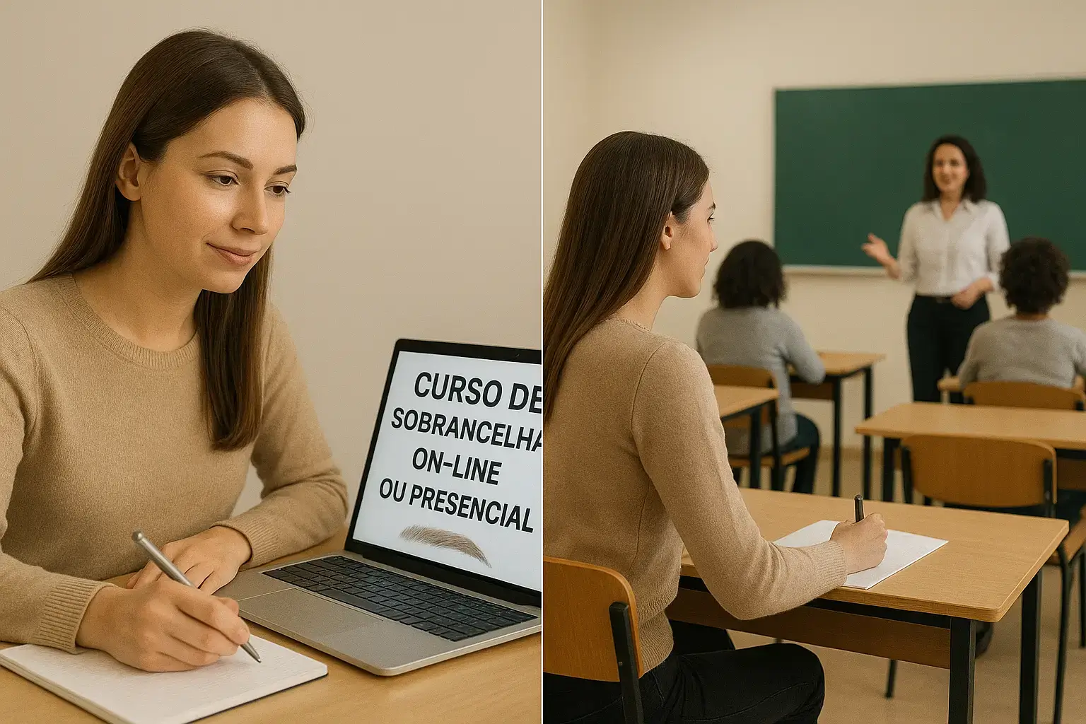 Mulher estudando design de sobrancelhas em um notebook, representando o aprendizado online.